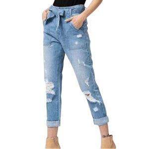 Vervet Mom Jean High Rise Paperbag Waist Belted Distressed Size 25